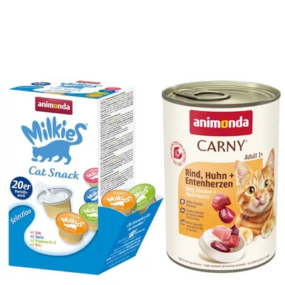 animonda mix balenie: 12 x 400 g Carny Adult + 20 x 15 g Milkies Selection - hovädzie s kuracími a kačacími srdiečkami + Milkies Snack (4 druhy)