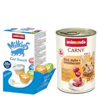 animonda Kombi-Paket: 12 x 400 g Carny Adult + 20 x 15 g Milkies Selection - Rind, Huhn & Entenherzen + Milkies Snack (4 Sorten)