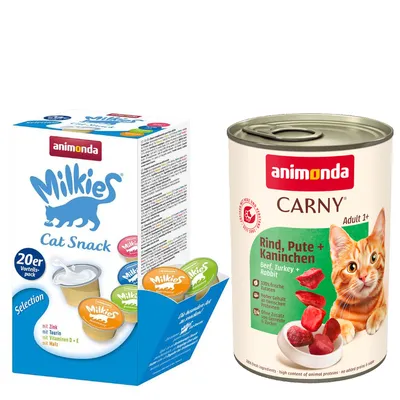 animonda mix balenie: 12 x 400 g Carny Adult + 20 x 15 g Milkies Selection - hovädzie, morčacie, králičie + Milkies Snack (4 druhy)
