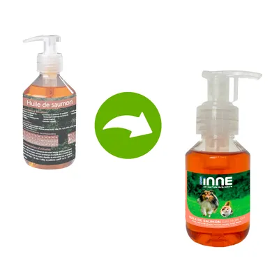 Bouteille d’huile de saumon avec pompe, étiquette visible : INNE, huile de saumon salmon oil, photo de chien et chat. Flèche verte indiquant le changement d’emballage. Bouteille d’huile de saumon avec pompe, étiquette visible : INNE, huile de saumon salmon oil, photo de chien et chat. Flèche verte indiquant le changement d’emballage.