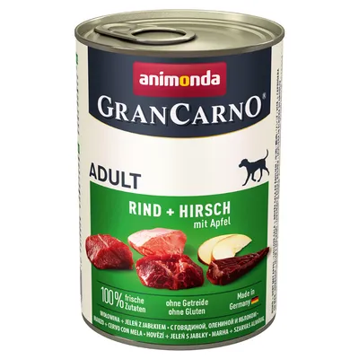 Scatola di cibo per cani animonda GranCarno Adult, Rind + Hirsch mit Apfel. Testi visibili: 100% frische Zutaten, ohne Getreide ohne Gluten, Made in Germany. Scatola di cibo per cani animonda GranCarno Adult, Rind + Hirsch mit Apfel. Testi visibili: 100% frische Zutaten, ohne Getreide ohne Gluten, Made in Germany.
