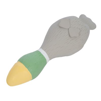 Jouet pour chien en forme de canard, matière plastique, tête jaune et verte, corps gris avec détails sculptés. Aucun texte ou marque visible.