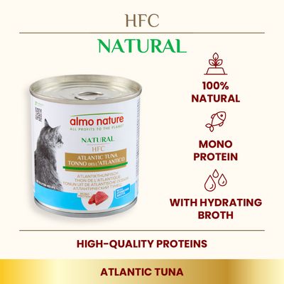 almo nature HFC Natural Atlantic Tuna konzerva pre mačky, 100% natural, mono protein, with hydrating broth, high-quality proteins, Atlantic tuna. Text v angličtine.