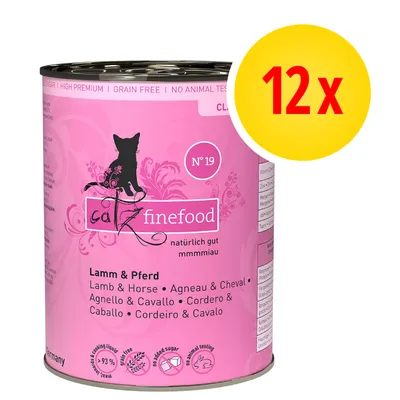 catz finefood N°19 Lamm & Pferd, 12 x puszka. Tekst: natürlich gut mmmmiau, bez dodatku cukru, bez testów na zwierzętach, ponad 93% mięsa i bulionu.
