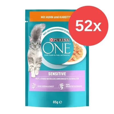 Purina ONE Sensitive Katzenfutter mit Huhn und Karotten, 85g. Hilft, starke natürliche Abwehrkräfte zu erhalten. Hohe Verdaulichkeit und Nährstoffaufnahme. Packung enthält 52 Stück.
