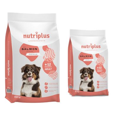 Nutriplus Premium Hundefutter mit Lachs, für erwachsene Hunde ab 12 Monaten. Packungsgrösse: 15 kg.