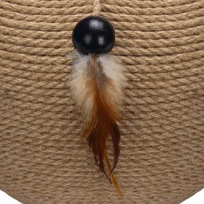 Toy made of sisal rope with brown feathers and black ball, suitable for interactive play.