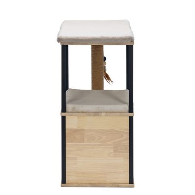 Krabpaal met houtstructuur, twee gevoerde ligvlakken en sisal krabzuil met speelgoedhanger.