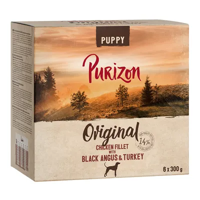 Purizon Puppy Original, Chicken Fillet Black Angus & Turkey, 6 x 300 g. Magas minőségű összetevők 14% csirkefilé tartalommal.