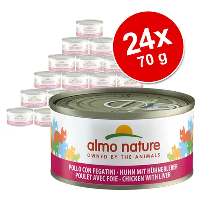 Lot de 24 boîtes Almo Nature Poulet avec foie, 70 g chacune. Texte visible : almo nature, owned by the animals, poulet avec foie, chicken with liver.