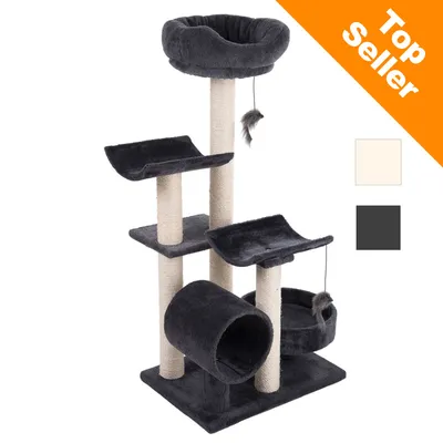 Škrabadlo pro kočky s tmavě šedým plyšem, sisalové sloupky, pelíšek nahoře, tunel, dvě odpočívadla, závěsné hračky. Označení Top Seller v oranžovém rohu, volba barev béžová a šedá. Škrabadlo pro kočky s tmavě šedým plyšem, sisalové sloupky, pelíšek nahoře, tunel, dvě odpočívadla, závěsné hračky. Označení Top Seller v oranžovém rohu, volba barev béžová a šedá.