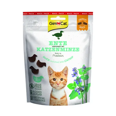 GimCat Maxi Pack. Anatra con erba gatta, ricco di proteine. Senza cereali, senza zuccheri aggiunti, senza coloranti artificiali. Snack <2 kcal. Confezione riciclabile 96%.