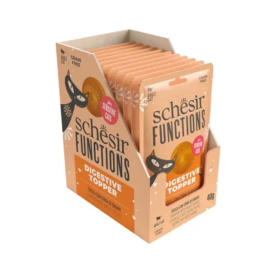 Schesir Functions Digestive Topper, κολοκύθα με σιταρόχορτο, για ευαίσθητες γάτες, χωρίς δημητριακά, Adult Cat, 40g.