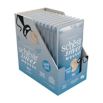 Boîte de sachets Schesir Silver Mousse poulet 80g, grain free, soutien du système immunitaire, 100% équilibré en protéines, vitamines et minéraux. Pour chat senior 11+ ans.