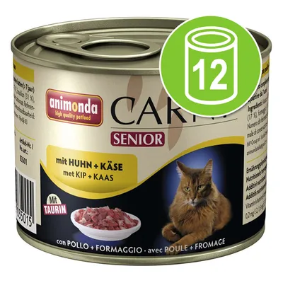 animonda Carny Senior kattenvoer met kip en kaas, blik met afbeelding van kat, tekst 'mit HUHN + KÄSE', 'Mit TAURIN', groene icoon met 12 blikken