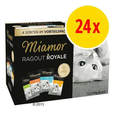 Miamor Ragout Royale In Jelly, 4 sorter, förpackning med 24x100g portionspåsar. Bild på katt och fyra olika smaker synliga på kartongen. Miamor Ragout Royale In Jelly, 4 sorter, förpackning med 24x100g portionspåsar. Bild på katt och fyra olika smaker synliga på kartongen.