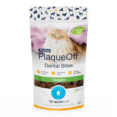ProDen PlaqueOff Dental Bites Veggie για γάτες, μειώνει την πλάκα, αποτρέπει την πέτρα, αντιμετωπίζει την κακοσμία. Oral Health SwedenCare, 100% φυσικό, 60g.