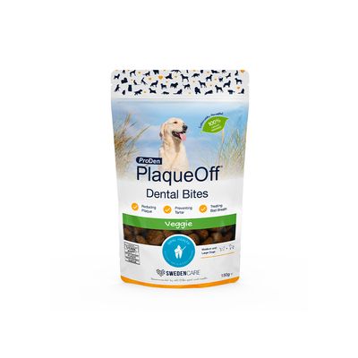 ProDen PlaqueOff Dental Bites Veggie, 150 g, csökkenti a lepedéket, megelőzi a fogkőképződést, kezeli a szájszagot, közepes és nagytestű kutyáknak, 100%-ban természetes összetevőkkel.