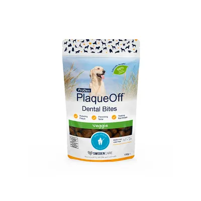 ProDen PlaqueOff Dental Bites Veggie, 150 g, csökkenti a lepedéket, megelőzi a fogkőképződést, kezeli a szájszagot, közepes és nagytestű kutyáknak, 100%-ban természetes összetevőkkel.