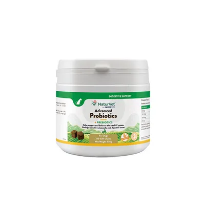 NaturVet Advanced Probiotics + Prebiotics, matsmältningsstöd för hundar. 120 mjuka tuggtabletter, nettovikt 336 g. Hjälper känsliga magar och matsmältningsproblem.