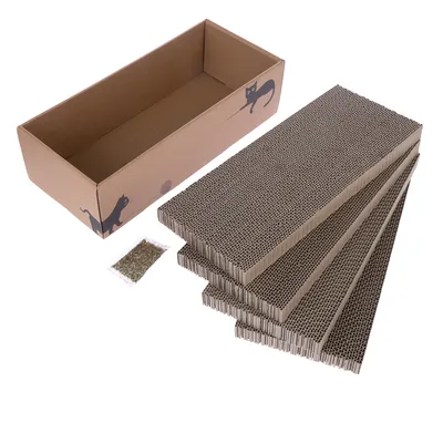 Kartonbox mit Katzendesign, vier Wellpapp-Einsätze und ein Beutel Katzenminze.