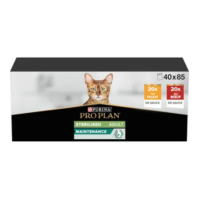 Purina Pro Plan Sterilised Adult Maintenance, 40x85 г, 20x курица в соусе, 20x говядина в соусе.