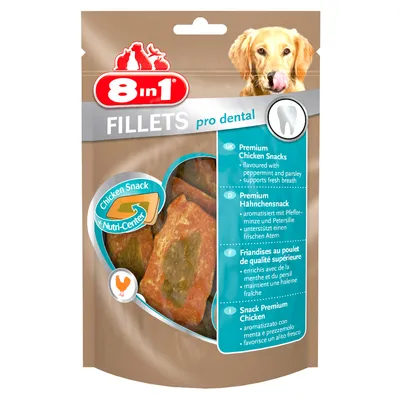 8in1 Fillets pro dental. Premium-kanasnack, maustettu mintulla ja persiljalla, tukee raikasta hengitystä. Kanasnack Nutri-Centerillä.