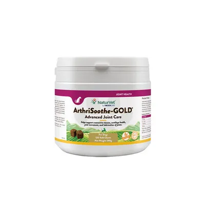 NaturVet ArthriSoothe-GOLD Advanced Joint Care, 120 меки дъвчащи таблетки, нетно тегло 258g. Подпомага съединителната тъкан, здравето на хрущяла и подвижността на ставите. За кучета.