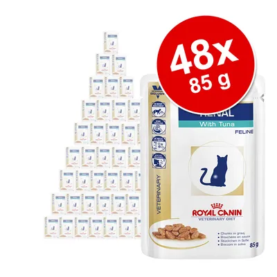 Royal Canin Veterinary Diet Renal Feline mit Thunfisch, 48x85g. Verpackung zeigt Katzen-Symbol und Produktbeschreibung: Stückchen in Sosse.