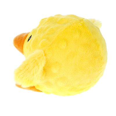 Giocattolo di peluche giallo a forma di uccellino rotondo con becco arancione e ali soffici.