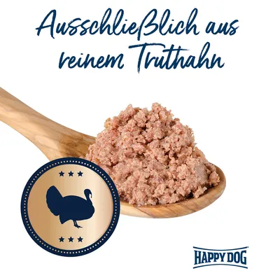 Happy Dog. Ausschliesslich aus reinem Truthahn, dargestellt mit einer Holzlöffelportion und einem Truthahnsymbol in einem goldenen Kreis.