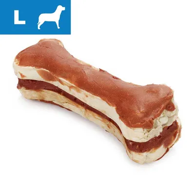 Przysmak w kształcie kości, dwukolorowy, z oznaczeniem L i sylwetką dużego psa na niebieskim tle w lewym górnym rogu Przysmak w kształcie kości, dwukolorowy, z oznaczeniem L i sylwetką dużego psa na niebieskim tle w lewym górnym rogu