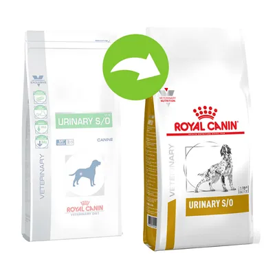 Image showing packaging change from old to new design for Urinary S/O veterinary diet food, with an arrow indicating the update.
