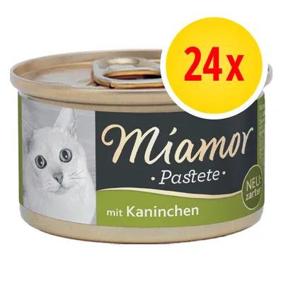 Konzerva Miamor Pastete mit Kaninchen, nápis NEU: zarter, balení 24x. Na etiketě obrázek kočky. Konzerva Miamor Pastete mit Kaninchen, nápis NEU: zarter, balení 24x. Na etiketě obrázek kočky.