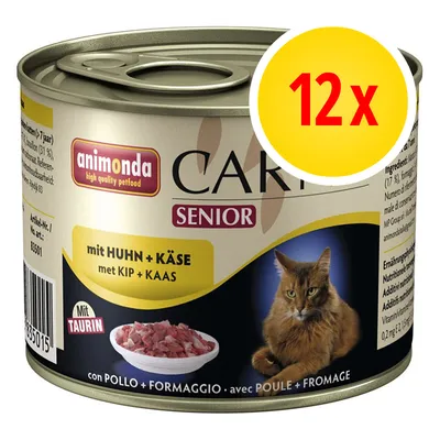 animonda Carny Senior kattenvoer, met kip en kaas, 12x blik, tekst: mit HUHN + KÄSE, met KIP + KAAS, SENIOR, Mit TAURIN, afbeelding van kat en vlees in schaal zichtbaar.