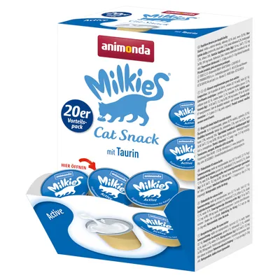 Animonda Milkies Cat Snack met taurine, voordeelverpakking van 20. Smaakvariant Active voor katten. Verpakking toont productdetails en openingsinstructie.