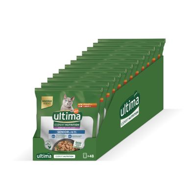 Boîte de 48 sachets Ultima Expert Nutrition Senior +10 ans pour chat stérilisé, saveurs poulet et bœuf, sans colorants ni sucres ajoutés, visible sur l’emballage.