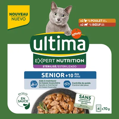 ultíma Expert Nutrition Stérilisé Senior +10 Ans, 4x70g, με κοτόπουλο και βοδινό, χωρίς χρωστικές ή συντηρητικά, για διατήρηση μυϊκής μάζας και έλεγχο βάρους. Κείμενο στα γαλλικά/ισπανικά.