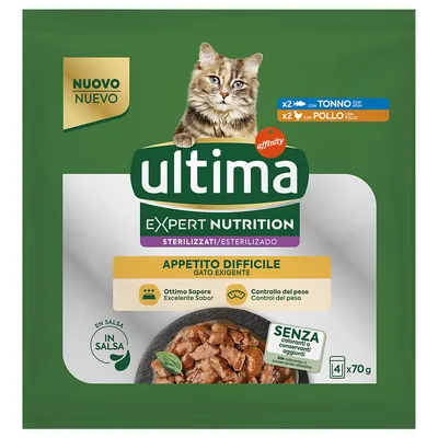 Ultima Expert Nutrition Sterilizzati cat food, 4 x 70g pouches. Appetito Difficile. Includes tuna and chicken. No added colourants or preservatives. In salsa. Affinity brand.