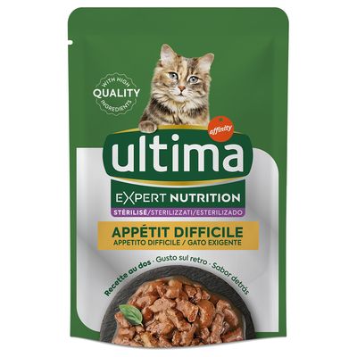 Ultima Expert Nutrition for sterilised cats, Appétit Difficile. With high-quality ingredients. Recipe on the back.