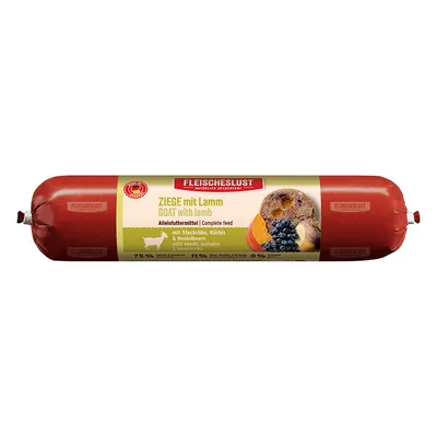 Fleischeslust geit met lam, volledig voer met koolraap, pompoen en bosbes. 75% vlees, 11% groente, 0% granen. Natuurlijke, soortgeschikte dierenvoeding.