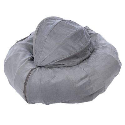 Grått, runt husdjursbädd med huva och dragkedja, lämplig för bekväm vila.