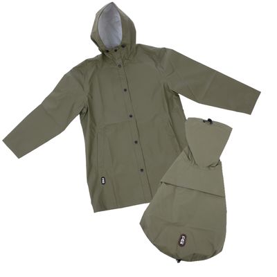 TIAKI Pet & Parent Regenmantel im Partnerlook Regenmantel für Hundeeltern S/M + passender Hundemantel Rückenlänge 30 cm