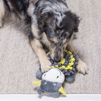 Chien allongé sur un tapis, tenant un jouet en peluche en forme de vache grise, blanche et jaune entre ses pattes avant.