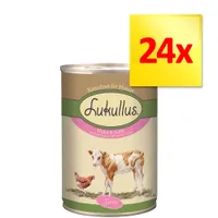 Lukullus Naturkost für Hunde Huhn & Kalb Junior, 400 g. Zestaw 24x. Widoczne ilustracje cielęcia i kury na etykiecie.
