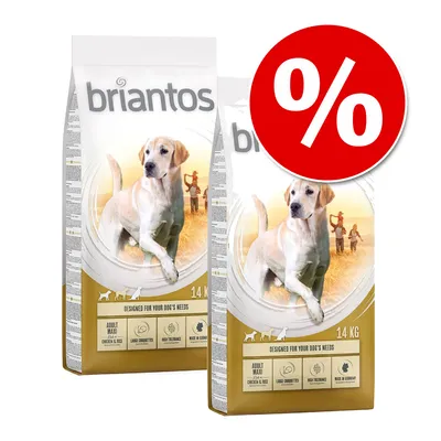 Zwei Säcke Briantos Adult Maxi Chicken & Rice, 14 kg, mit großem Prozentzeichen für Rabattaktion