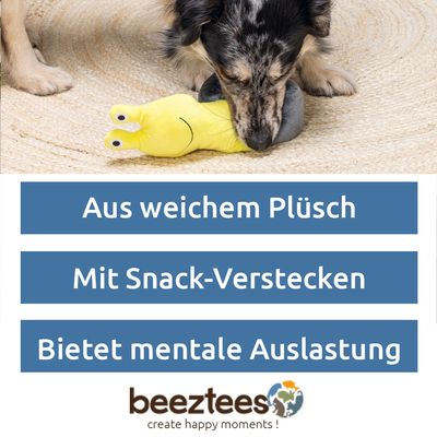 Plüschspielzeug in Form einer gelben Schnecke mit grauem Schneckenhaus, geeignet für Haustiere.