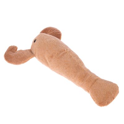 Jouet en peluche marron pour animaux, forme allongée avec deux extrémités arrondies et une petite tête avec yeux brodés, matière textile douce visible.