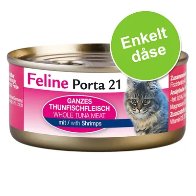 Feline Porta 21, GANS THUNFISCHFLEISCH WHOLE TUNA MEAT mit/with Shrimps. Enkelt dåse kattemad med billede af kat på etiketten.