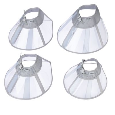 Vier durchsichtige Halskrausen mit grauem Rand und verstellbarem Verschluss, geeignet für verschiedene Grössen.